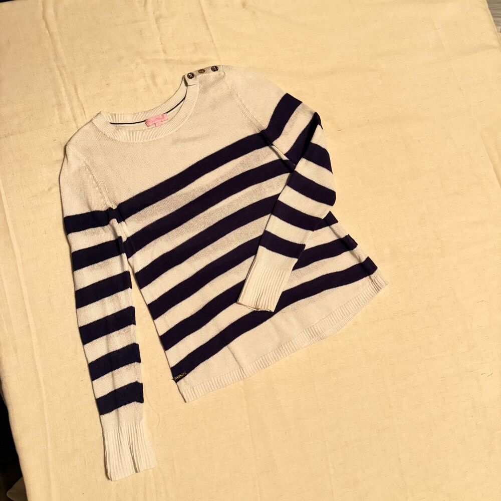 Lilly Pulitzer 100% cotton navy whie stripe lightweight sweater buttons small
